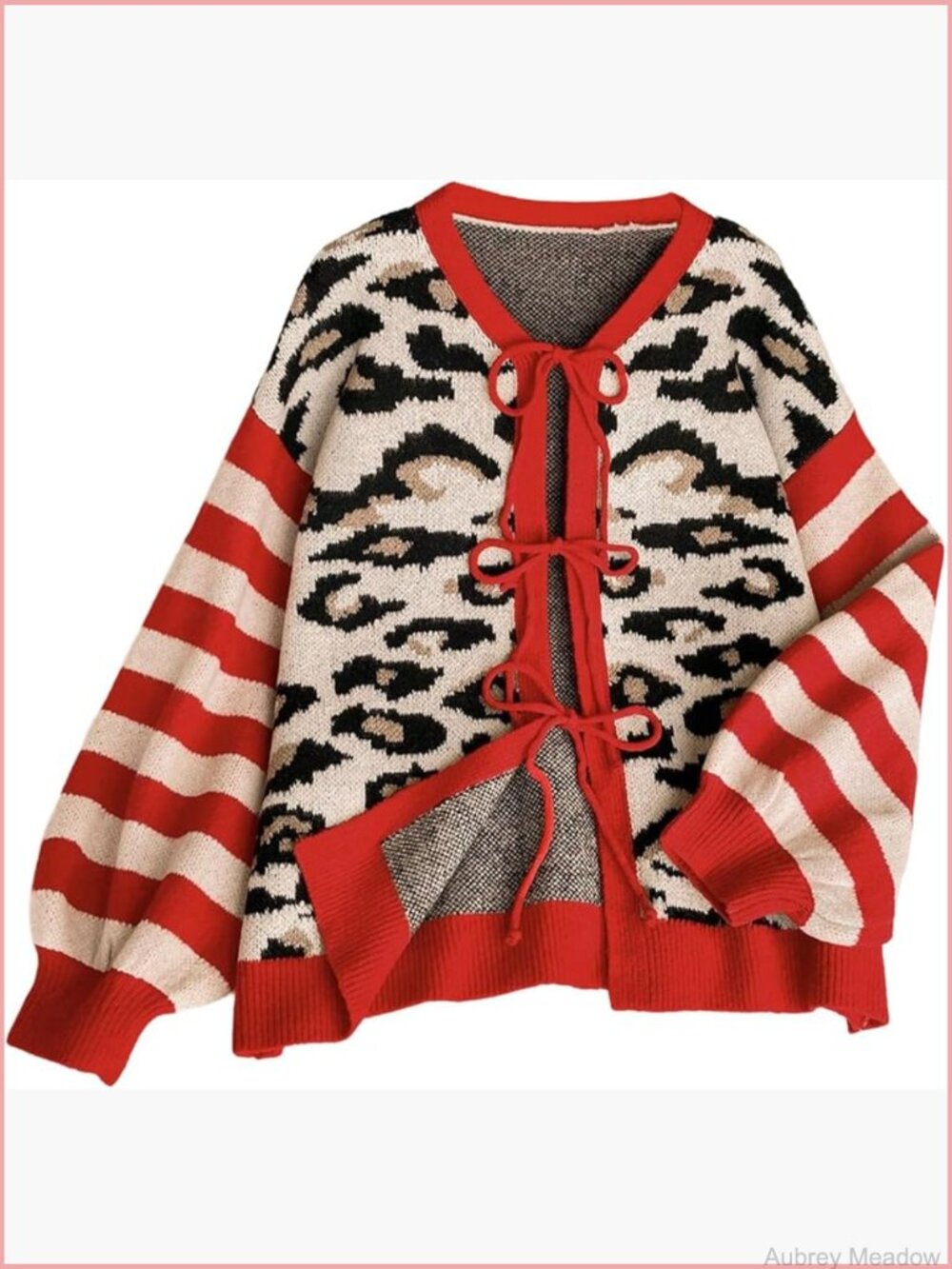 Plus Size Leopard Tie Front Cardigan Sweater Long Sleeve V-Neck Knit Outerwear